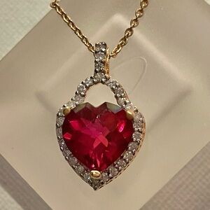 Ruby Red Topaz Heart Pendant Hand Cut 4 Carats Diamond 18K Gold Vermeil Gift Box